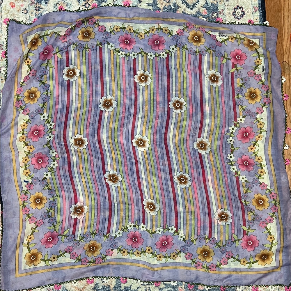 Floral Stripe Scarf with Multicolor Blooms